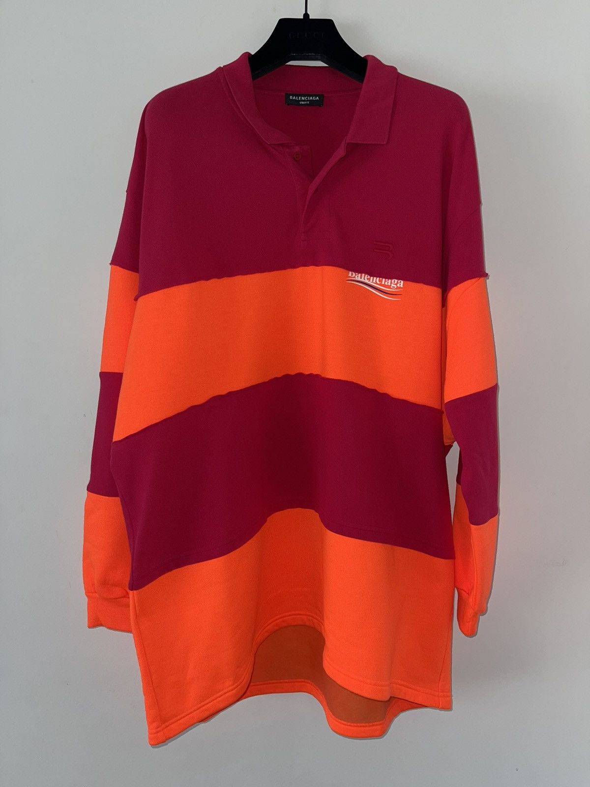 image of Balenciaga Orange & Red Patchwork Long Sleeve Polo, Men's (Size Small)