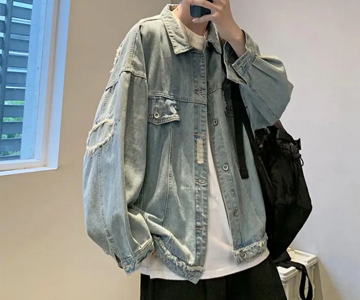 image of Retro Blue Oversized Harajuku Denim Jacket, Men's (Size Medium)