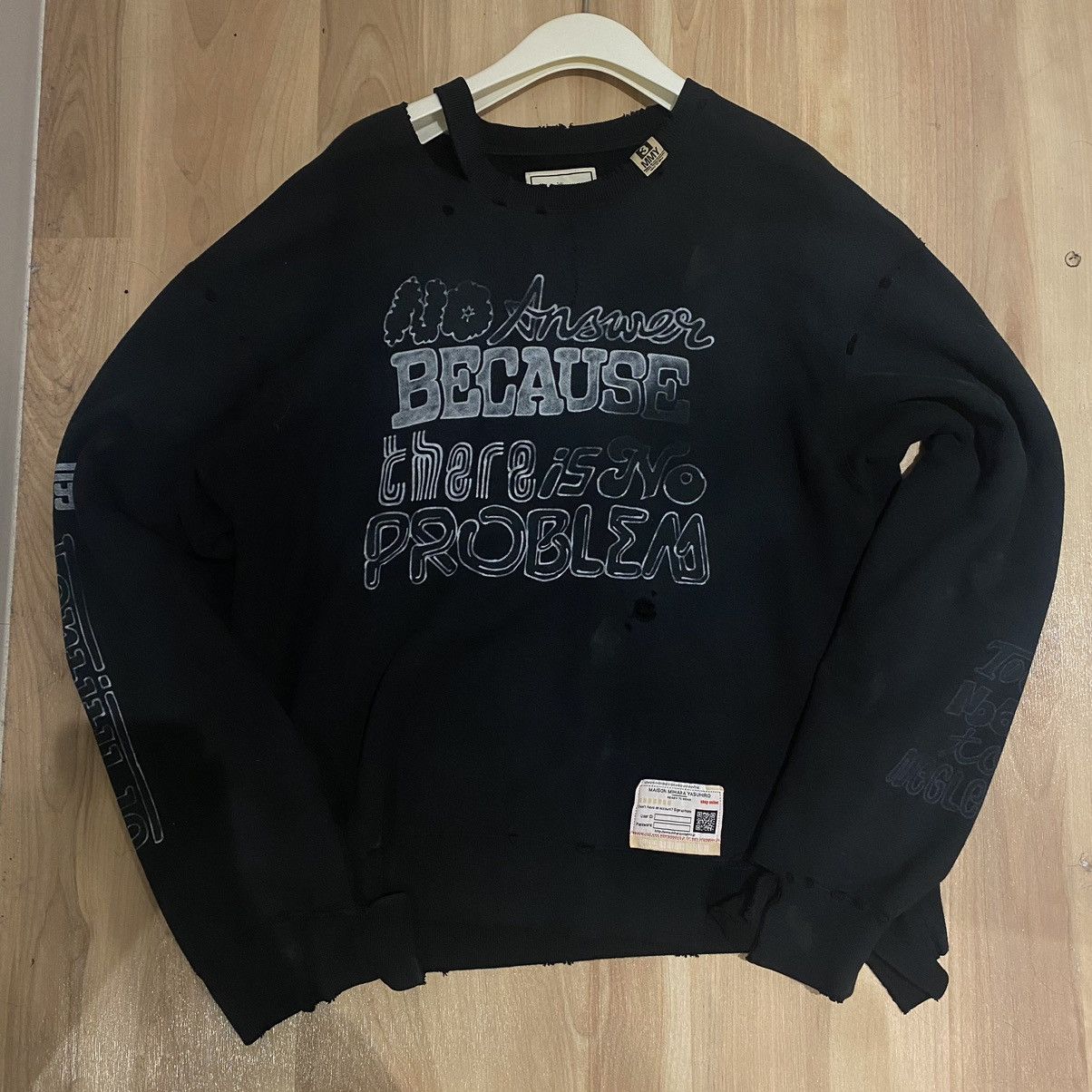image of Miharayasuhiro Mihara Yasuhiro No Answer Distressed Crewneck in Black, Men's (Size Large)