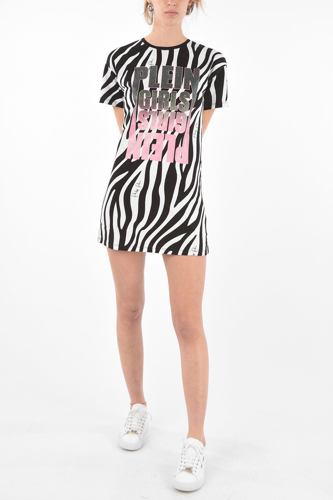 Philipp Plein og1mm0824 Zebra Plein Mini Tee Dress in Black & White Size L / US 10 / IT 46 - 1 Thumbnail