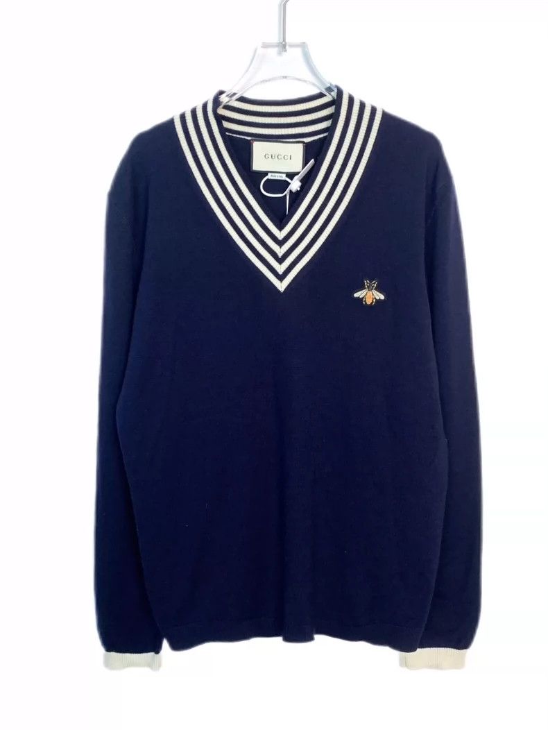 Gucci Little bee embroidered V-neck striped trim knitted sw