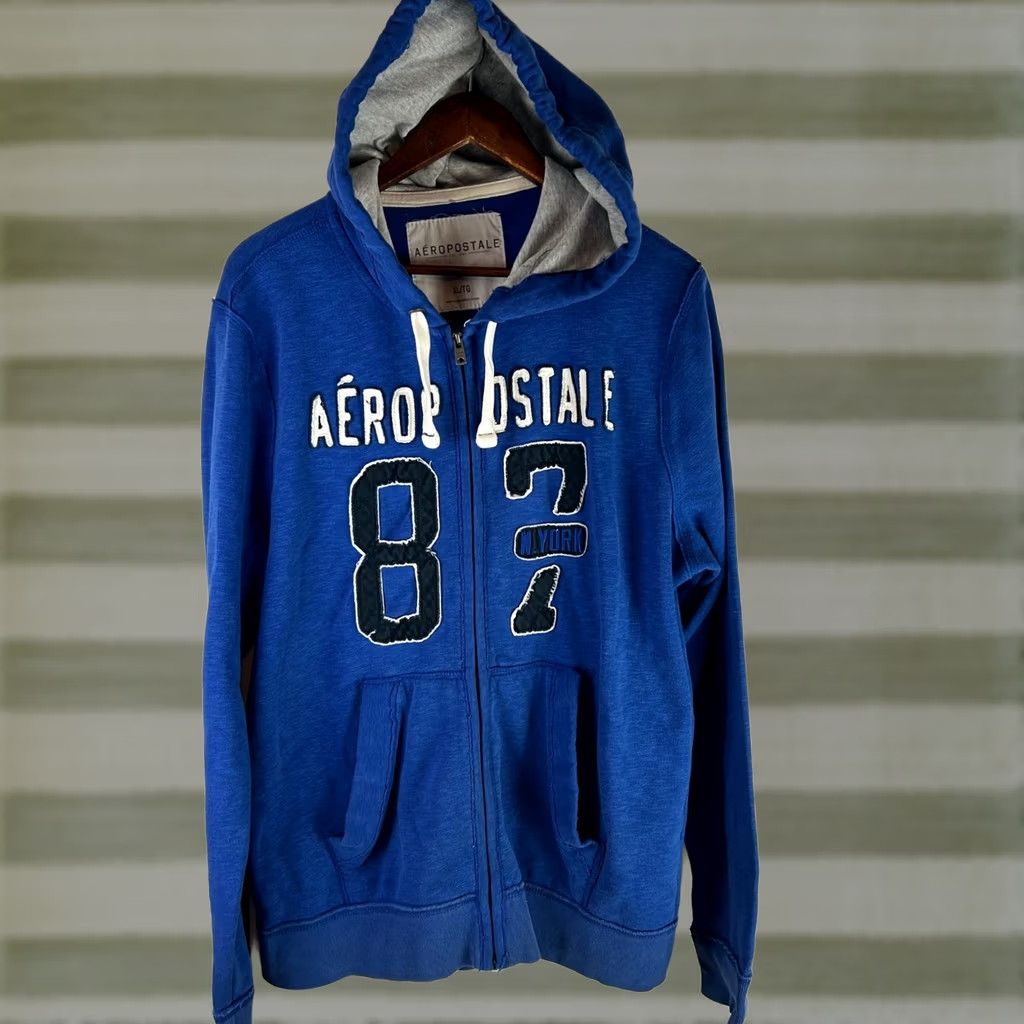 Aeropostale Aeropostale Hoodie Mens XL Blue 87 Applique Full Zip Slub Knit Fleece Size US XL / EU 56 / 4 - 1 Thumbnail