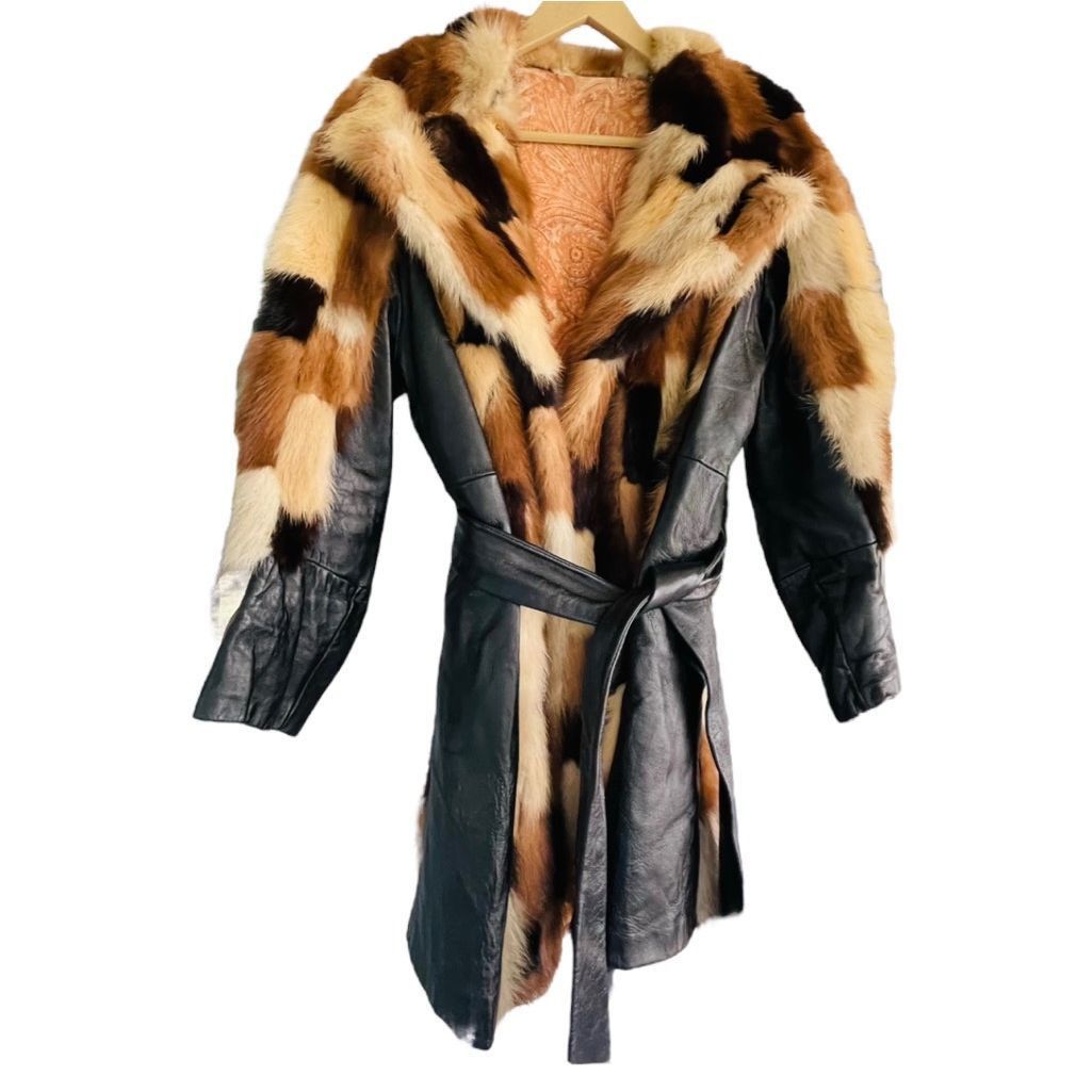 Vintage FUR COAT Genuine Y2K Vintage Rabbit Fur Leather Patchwork Long Belted Winter Coat Jacket Size XL / 14-16 Size L / US 10 / IT 46 - 10 Thumbnail