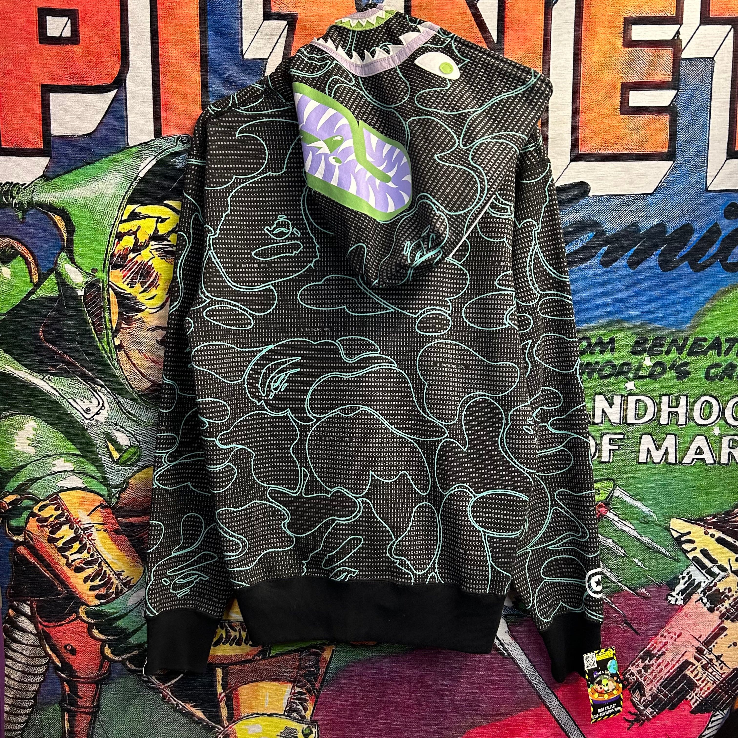 image of Bape Text Code Camo Shark Full Zip Hoodie in Black, Men's (Size Large)