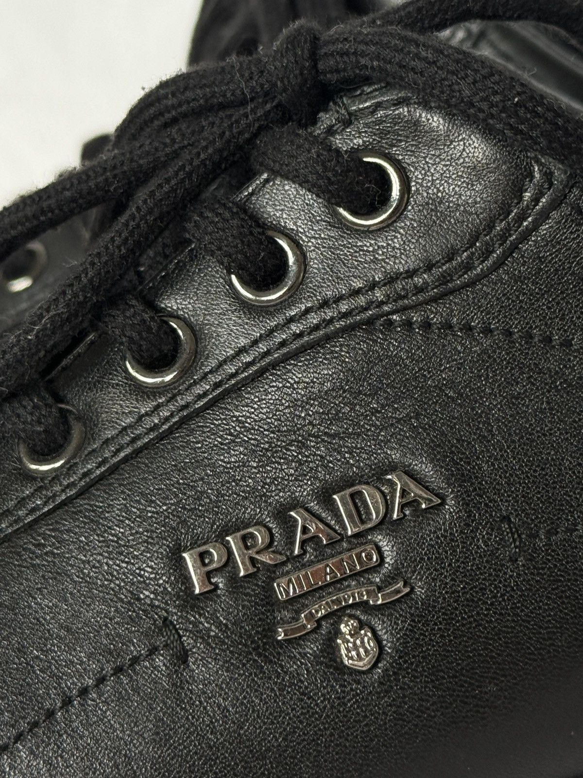 Prada Prada Black Leather Low Top Sneakers Metal Logo Size US 5.5 / IT 35.5 - 3 Thumbnail