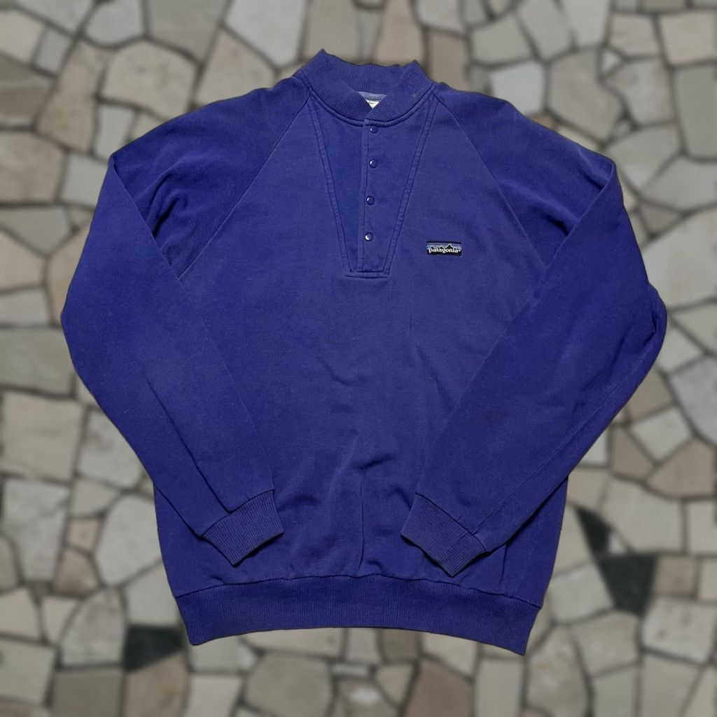 VINTAGE Patagonia Snap Pullover Sweatshirt L Men Blue / Purple 80s Logo Snap T Regular Knit Fleece Cotton Blend Sweatshirt