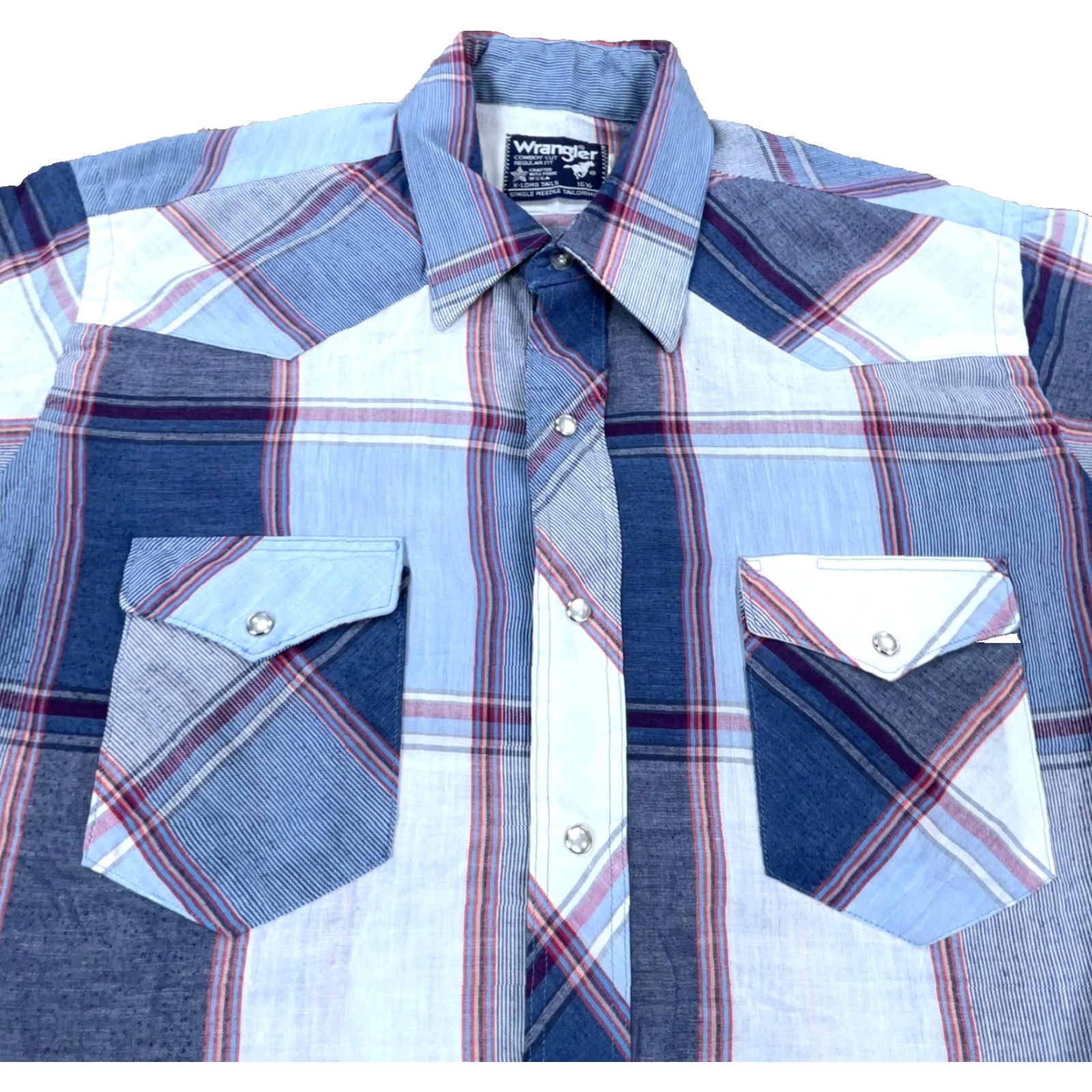 Wrangler VINTAGE Wrangler Western Shirt Men 16.5 Pearl Snap Cowboy Cut Long Tail USA Made Shirt Mens Blue Plaid 16.5 Western Classic American Wrangler Wrancher Size US XL / EU 56 / 4 - 2 Thumbnail