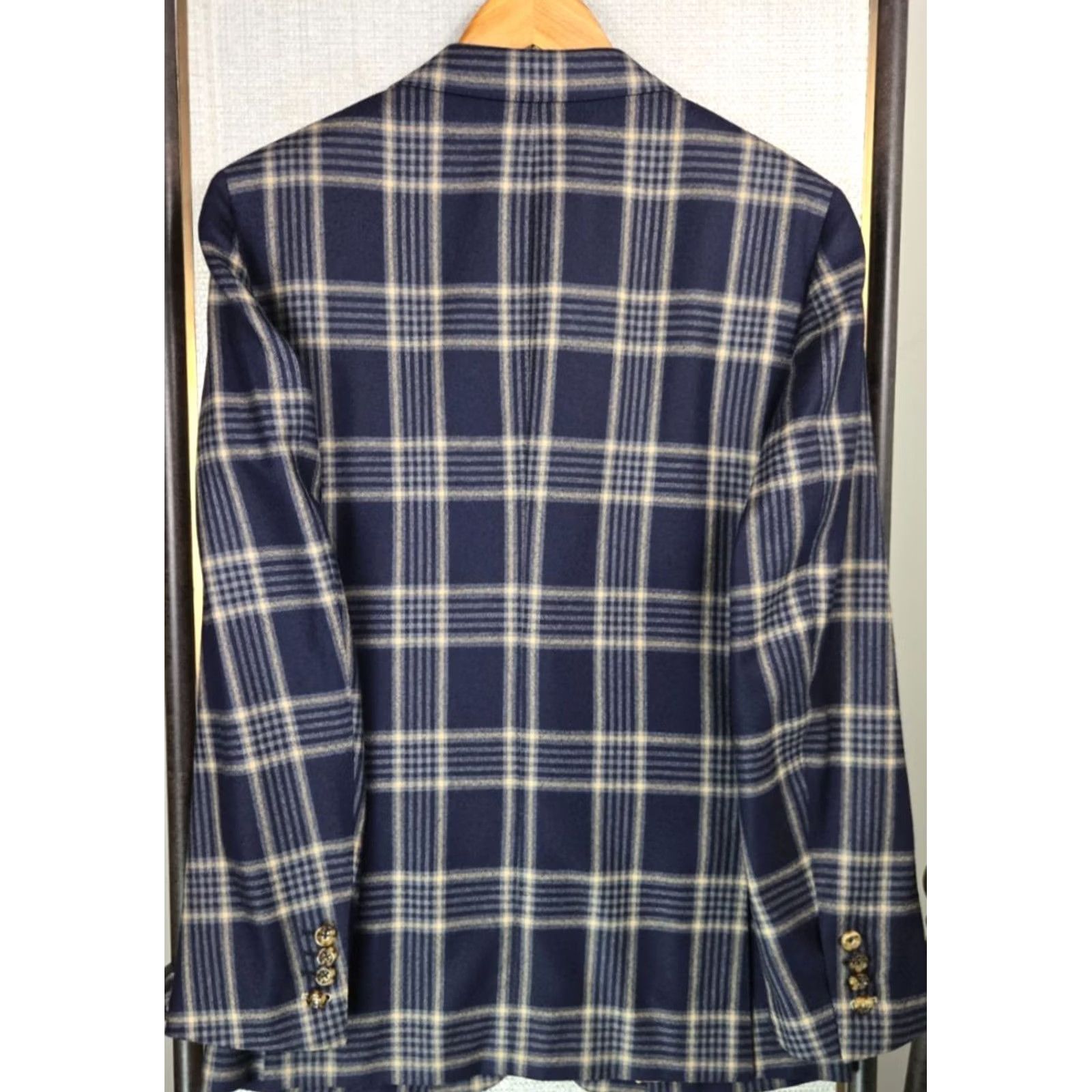 Vintage Custom Bespoke Mens Size 38 Blue Windowpane Plaid Soft Wool Jacket Blazer - 100% 4 Button Front, Double Vented, Notch Lapel Size 38R - 5 Thumbnail