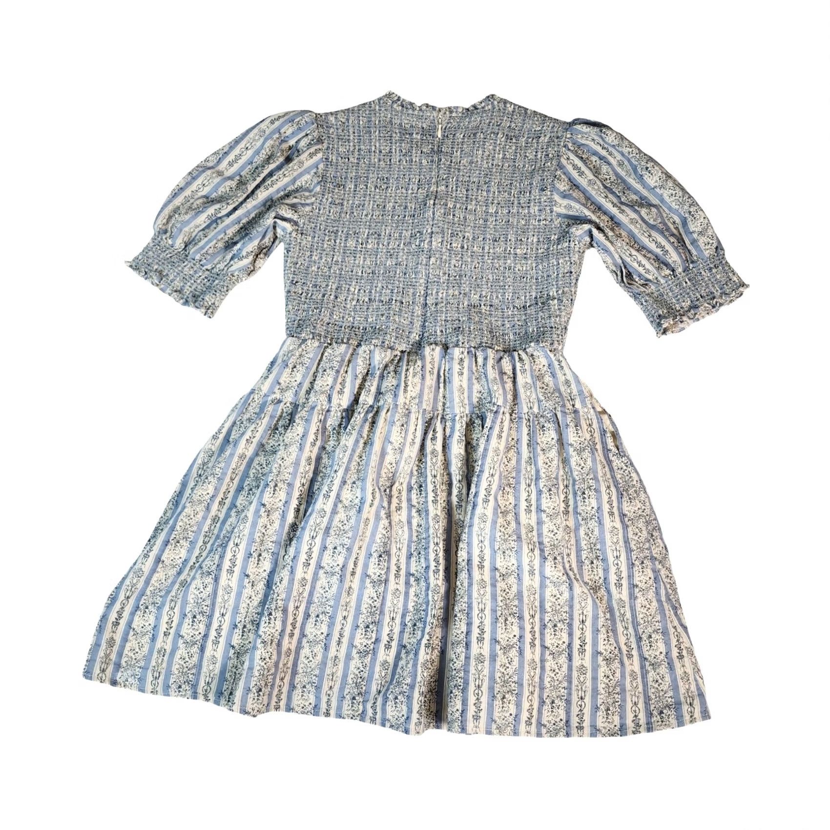 Vintage Aureum Blue Floral Stripe Smocked Mini Dress XS Women Cotton Short Puff Sleeve Zip Back Zipper Pockets Lined Bohemian Flower Spring Summer Vintage N/A Size 26" / US 2 / IT 38 - 5 Thumbnail