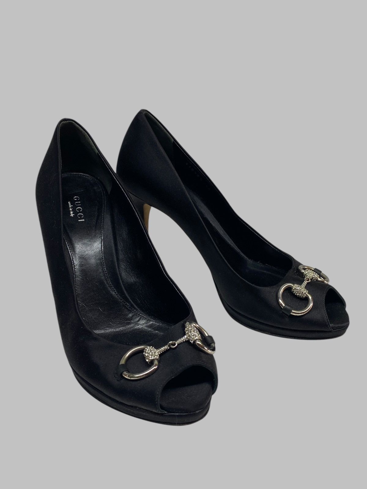 Gucci Gucci Black Satin Rhinestones Embellished Peep Toe Heels Size US 10 / IT 40 - 1 Thumbnail