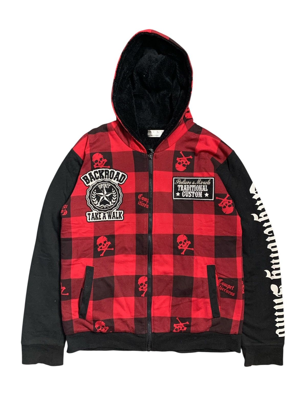 1990s EMBROIDERY TARTAN SKULL POEM FAUX ZIP HOODIE PUNK LGB