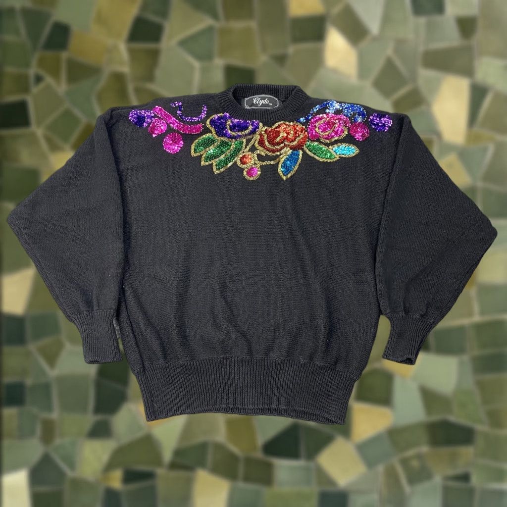 Vintage VINTAGE Clyde Black Floral Sequin Pullover Sweater Womens Large Crewneck Size L / US 10 / IT 46 - 1 Thumbnail