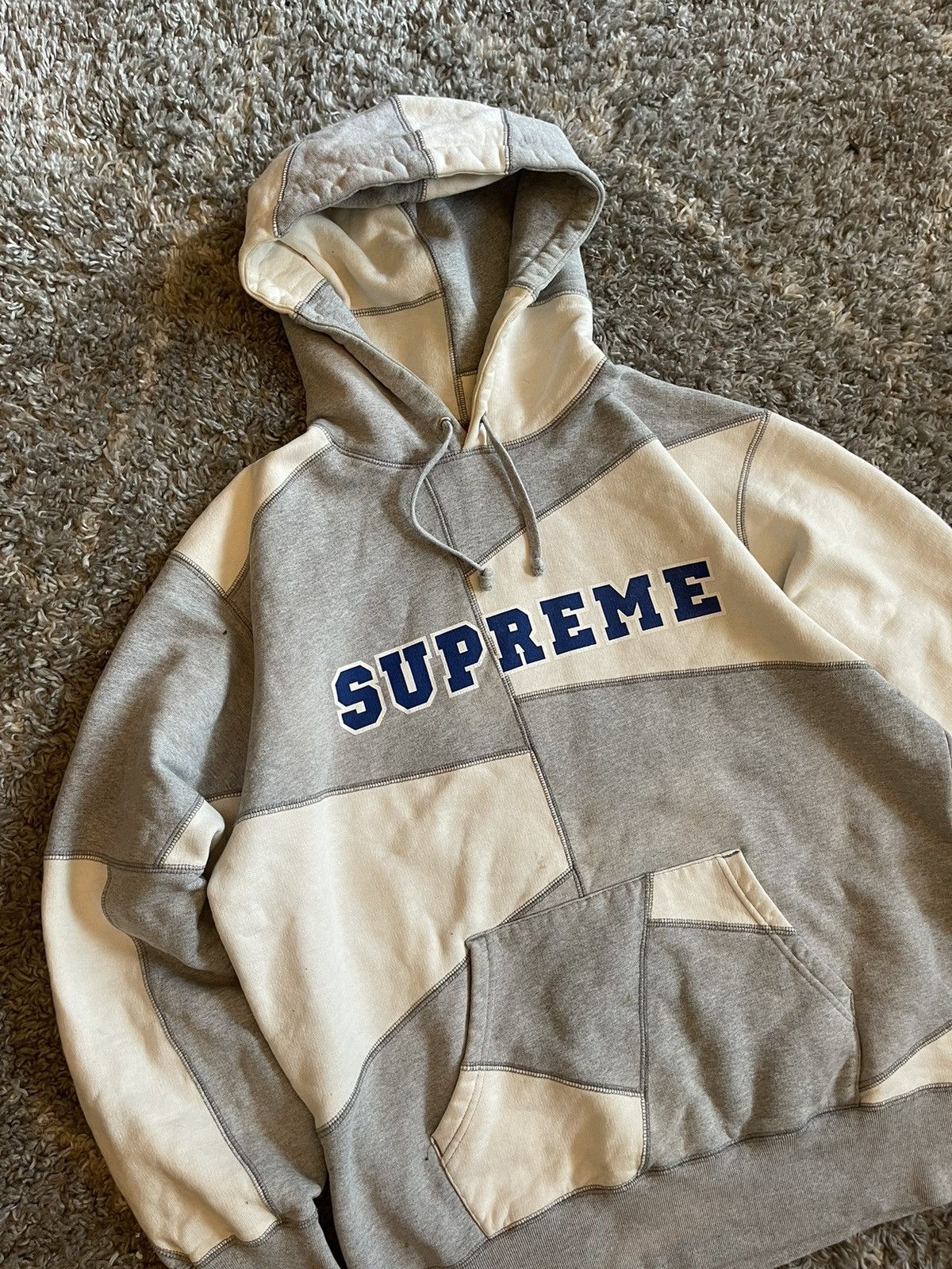 Supreme Supreme Patchwork Hoodie Grey/Natural - Classic Logo, Rare! Size US M / EU 48-50 / 2 - 3 Thumbnail