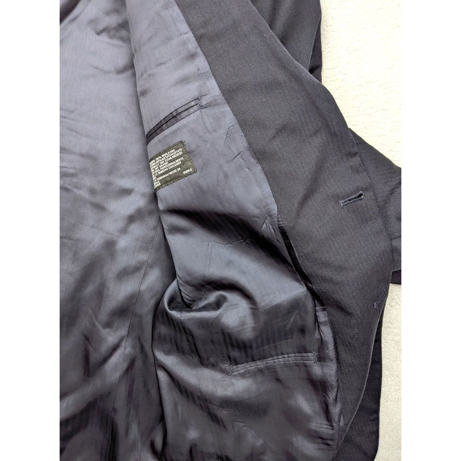 Stafford Stafford Blazer Jacket Navy Blue Herringbone Wool 44L 2 Button Notch Lapel Mens Regular Long Jacket Size 44R - 6 Thumbnail