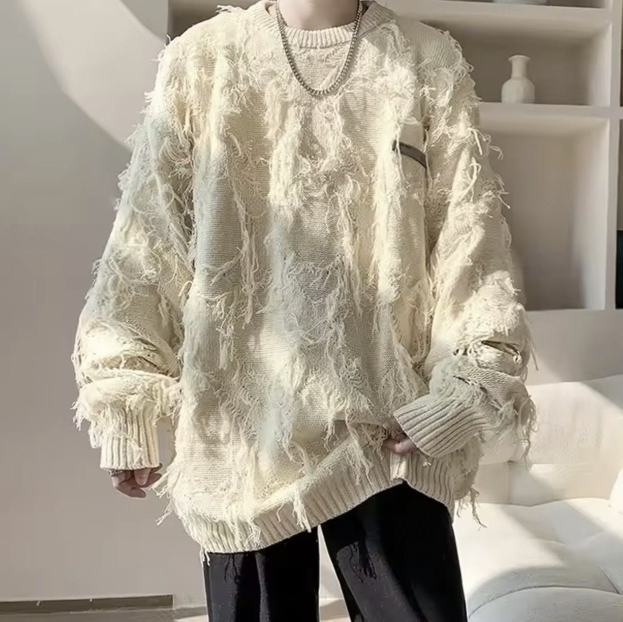 Japanese Brand Ripped Fringe Raw Edge Sweater Size US L / EU 52-54 / 3 - 1 Thumbnail