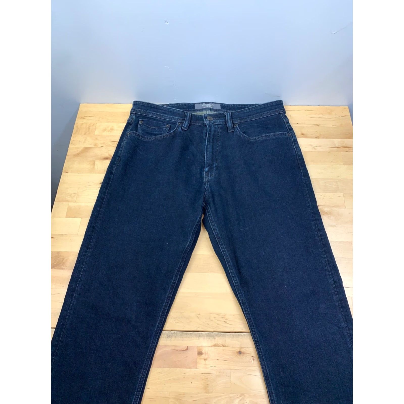 Denime Revtown Jeans Mens 31x31 Denim Blue Dark Wash Regular Tapered 31 Inseam Comfort Pockets Stretch Vintage No #8754 Size US 31 - 2 Thumbnail