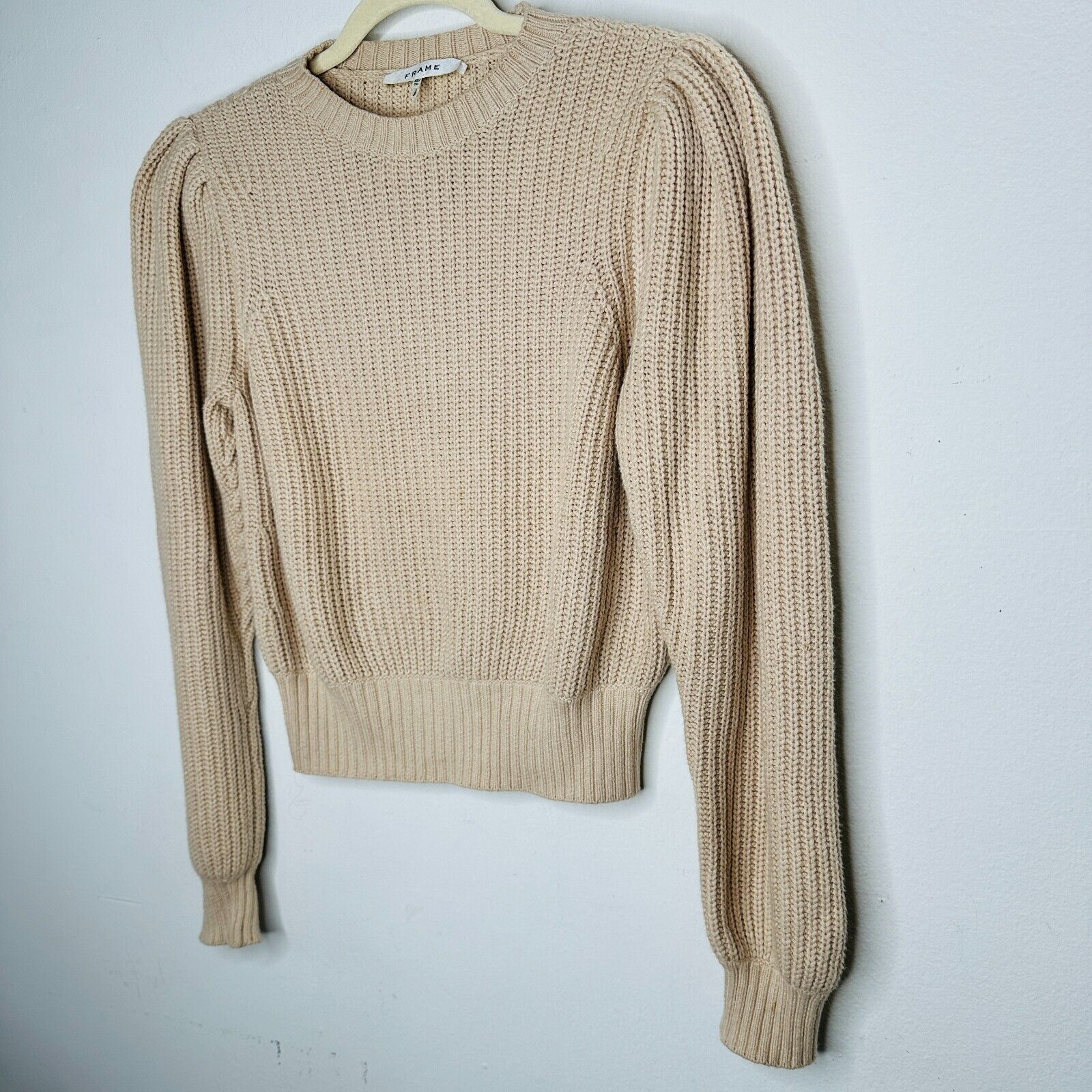 Frame Frame Tan Ribbed Cable Crew Balloon Puff-Sleeve Crop Sweater Size XS / US 0-2 / IT 36-38 - 4 Thumbnail
