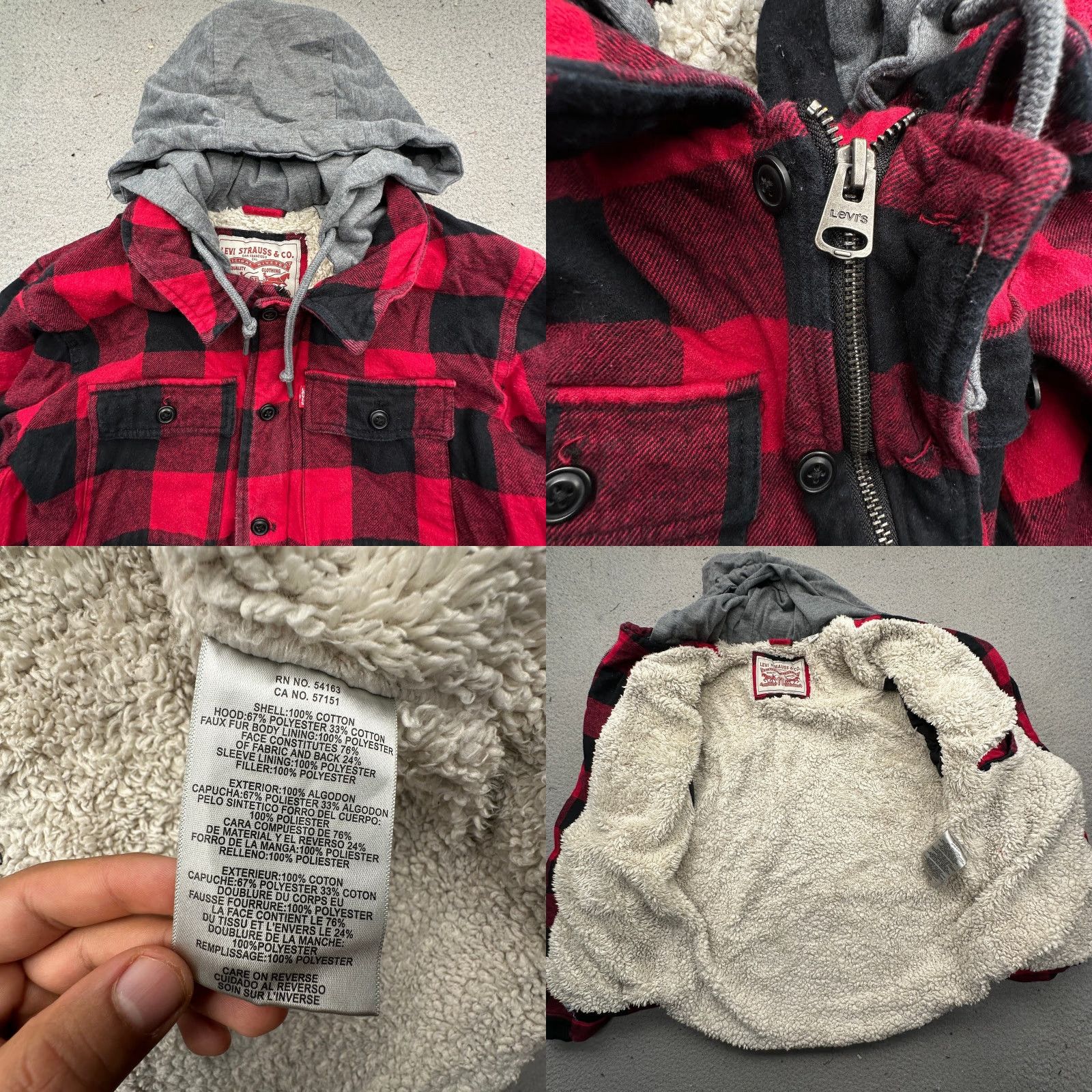 Levi's LEVIS Shacket Jacket Mens Small Cotton Buffalo Plaid Red Black Sherpa Lined Hoodie Fleece Size US S / EU 44-46 / 1 - 8 Thumbnail