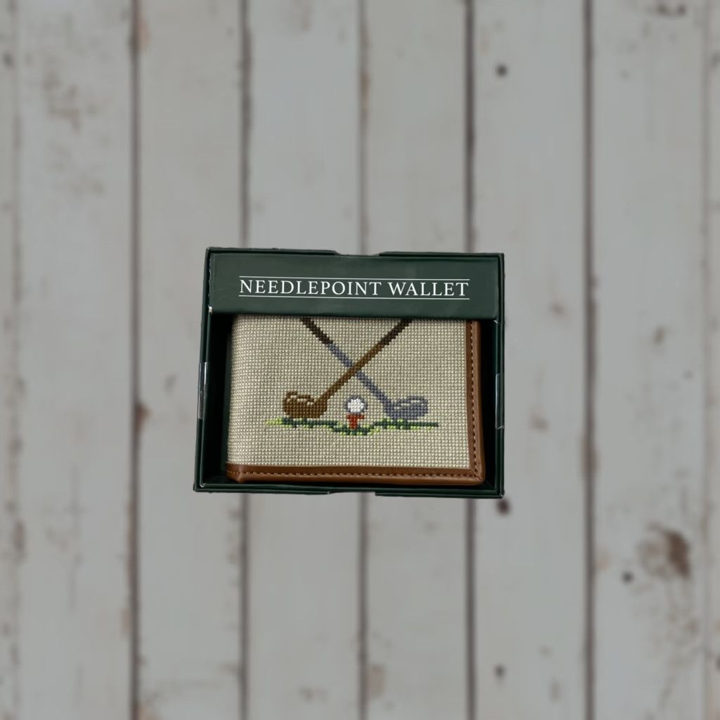 VINTAGE Golf Clubs Needlepoint Wallet Eastwood Pines Leather Preppy Bifold Men Brown Muliti Color Credit Card Folding New In Box Mens
