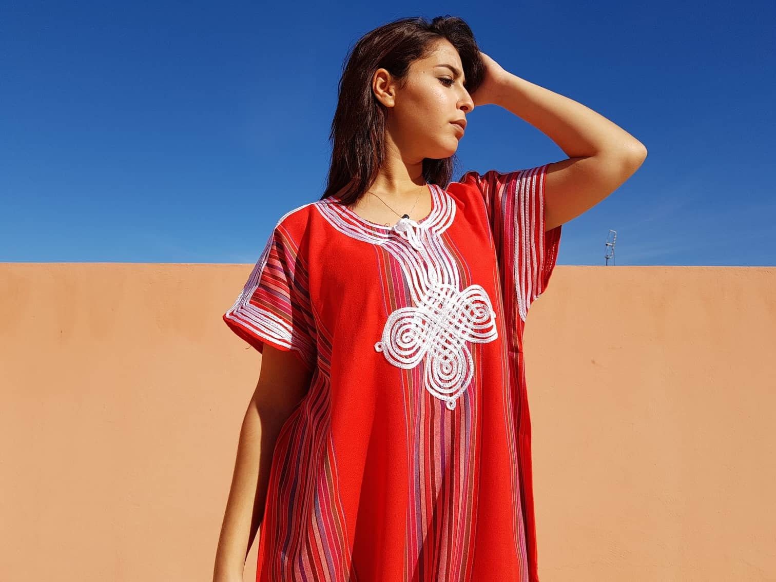 Designer × Handmade Moroccan Bohemian Red Kaftan For Women Size ONE SIZE - 4 Thumbnail