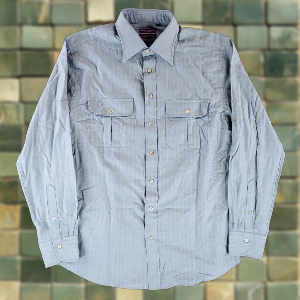 Vintage Spier & Mackay Button Up Shirt Ice Blue Brushed Herringbone Mens 16.5 NWT Long Sleeve Shirt Mens 16.5 Blue NWT Size US XL / EU 56 / 4 - 1 Thumbnail