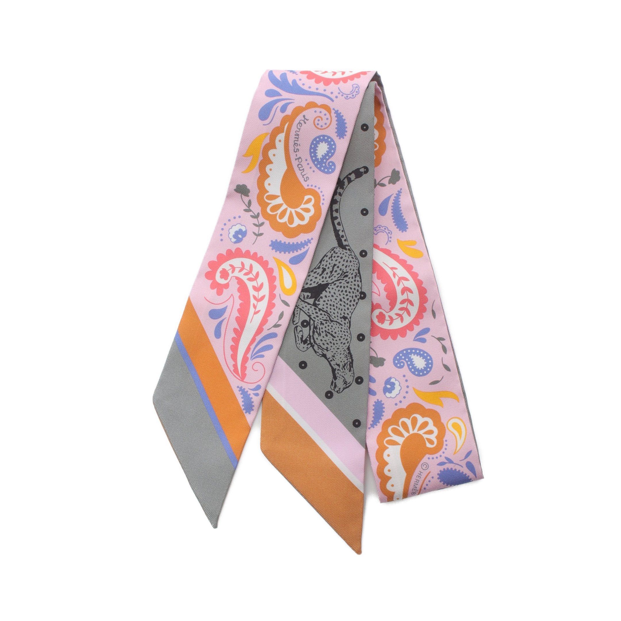 Hermes Twilly Guepards Bandana Ribbon Scarf Silk Light Pink Multicolor