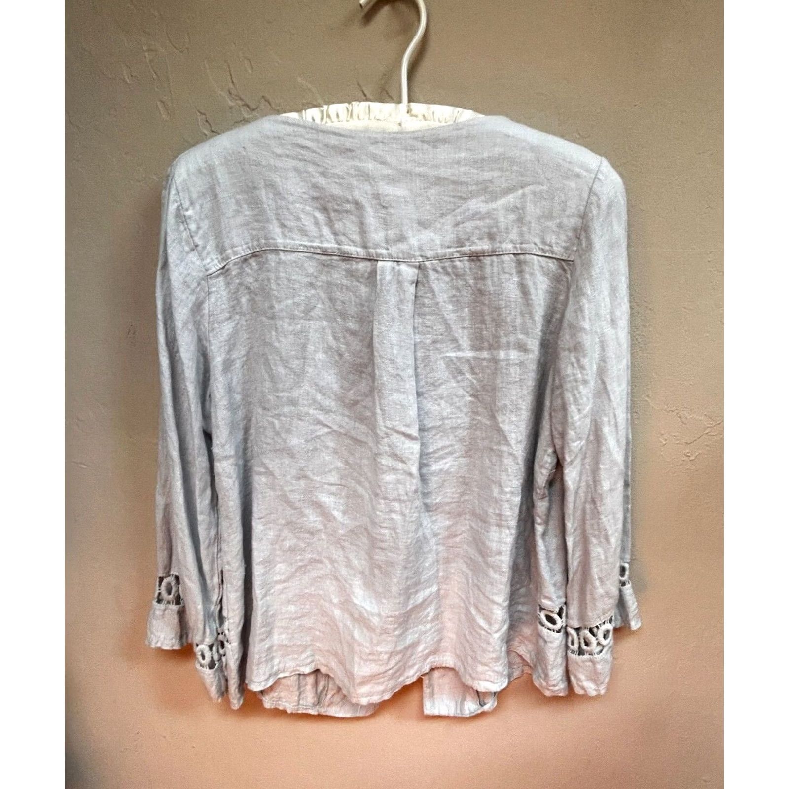Vintage Carla Conti Cardigan Blouse Women's Large Pearl Gray Linen Lace Open Front Top Size L / US 10 / IT 46 - 2 Thumbnail