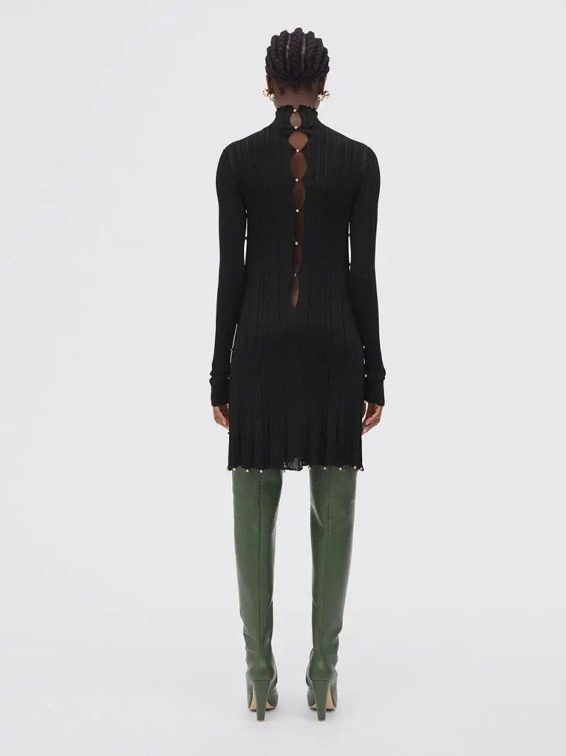 Bottega Veneta o1n1vont1225 Light Viscose Plissé Dress in Black Size L / US 10 / IT 46 - 2 Thumbnail