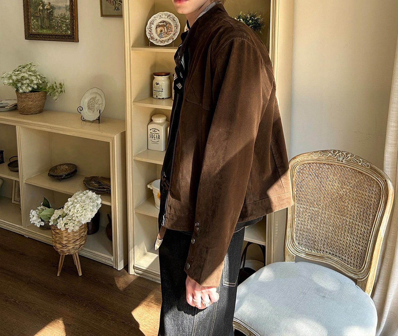 Vintage Brown Suede Button Cuff Jacket, Relaxed Fit Outerwear Size US M / EU 48-50 / 2 - 2 Thumbnail