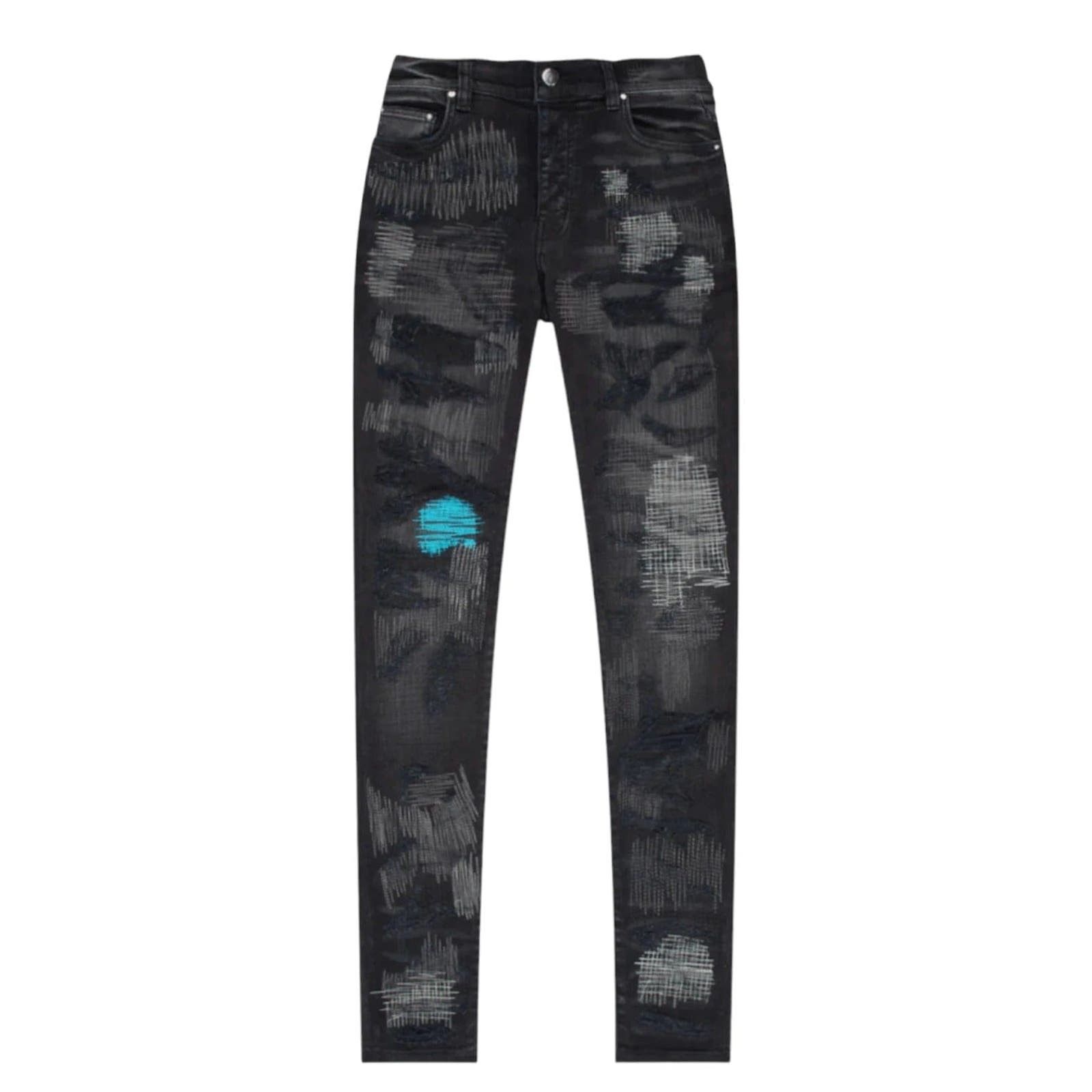 image of Amiri All Over Repair Jeans Aged Black, Men's (Size 32)