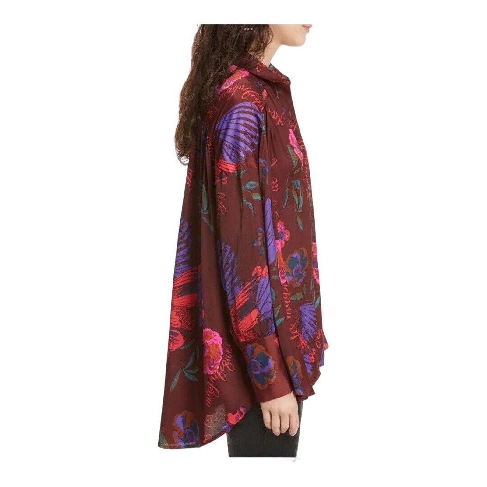 Free People Free People Silky Nights Blouse XS Cranberry Red Floral Size XS / US 0-2 / IT 36-38 - 3 Thumbnail
