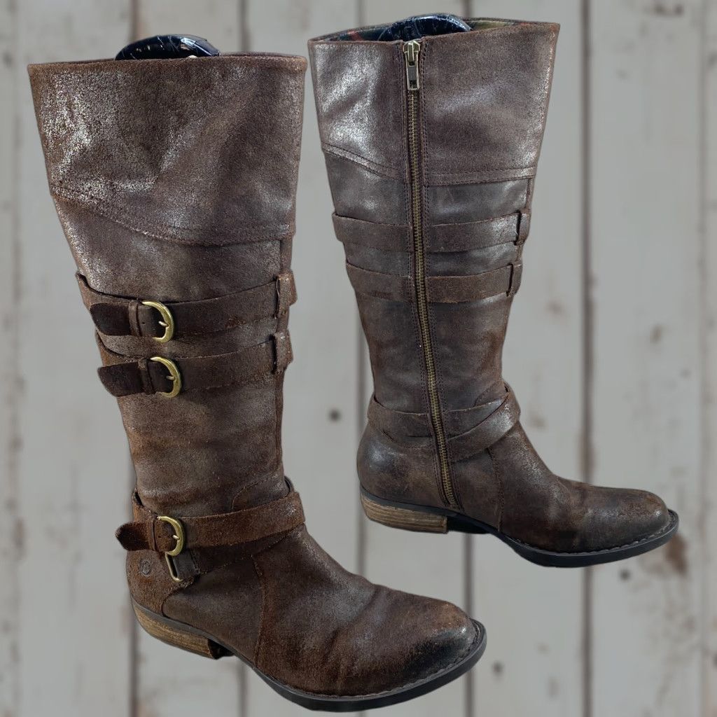 Born VINTAGE Born Women's Odom Brown Leather Tall Knee High Buckle Zip Riding Boots Size 7 M Size US 7 / IT 37 - 1 Thumbnail