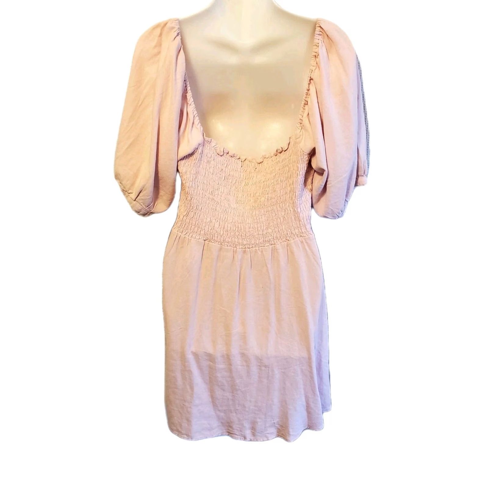 Vintage Vera Moda Pink Linen Mini Dress Balloon Sleeve Square Neck Pullover S Short Women Size S / US 4 / IT 40 - 3 Thumbnail