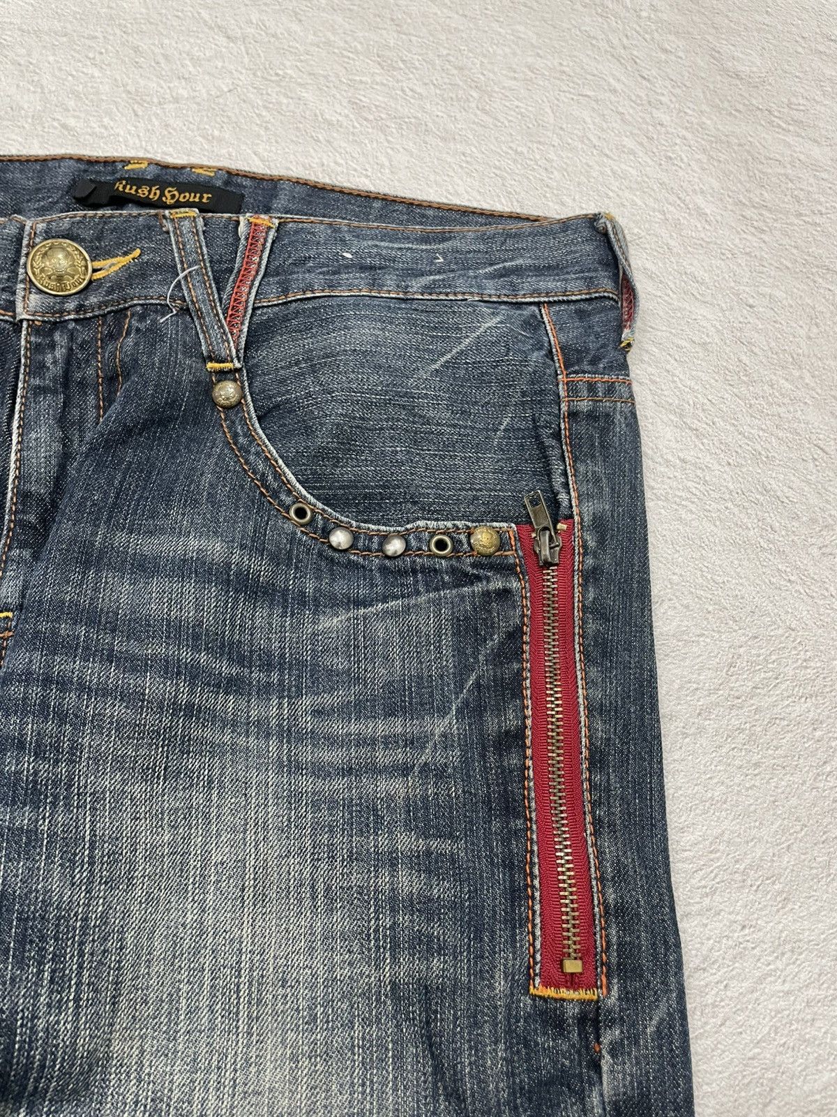 Japanese Brand 2000s Rush Hour Studed Denim Jeans Stonewash Y2K Size US 33 - 4 Thumbnail