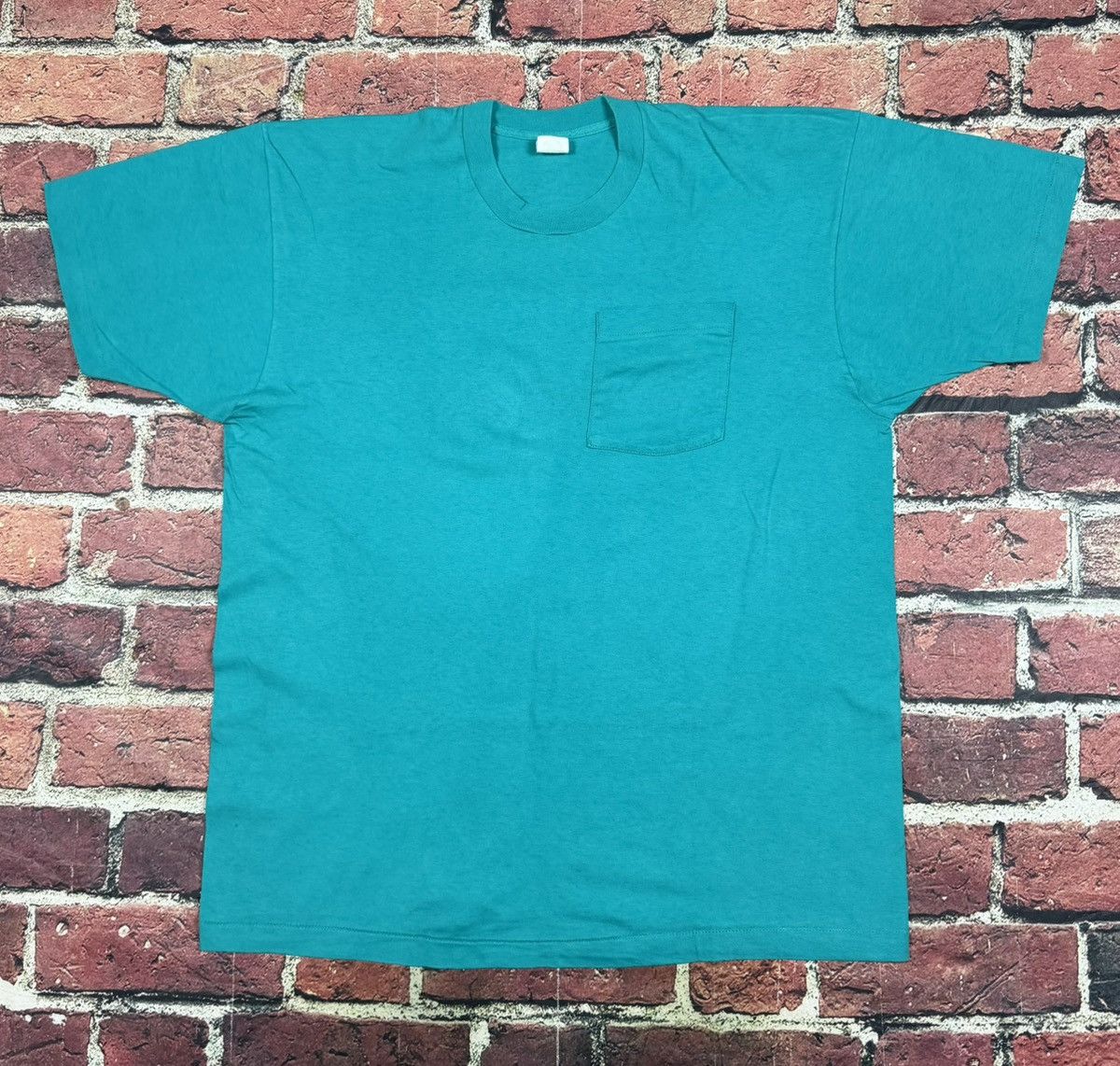 Fruit Of The Loom Vintage Turquoise Blank Selvedge Pocket Tee Single Stitch Size US XXL / EU 58 / 5 - 1 Thumbnail