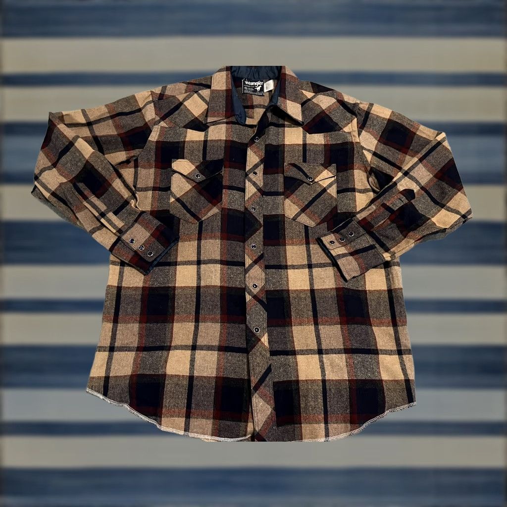 Wrangler Wrangler Western Cowboy Cut Long Sleeve Shirt Pearl Snap Brown Plaid 17.5 x 35 Mens Button-Up Wool Blend Size US XXL / EU 58 / 5 - 1 Thumbnail