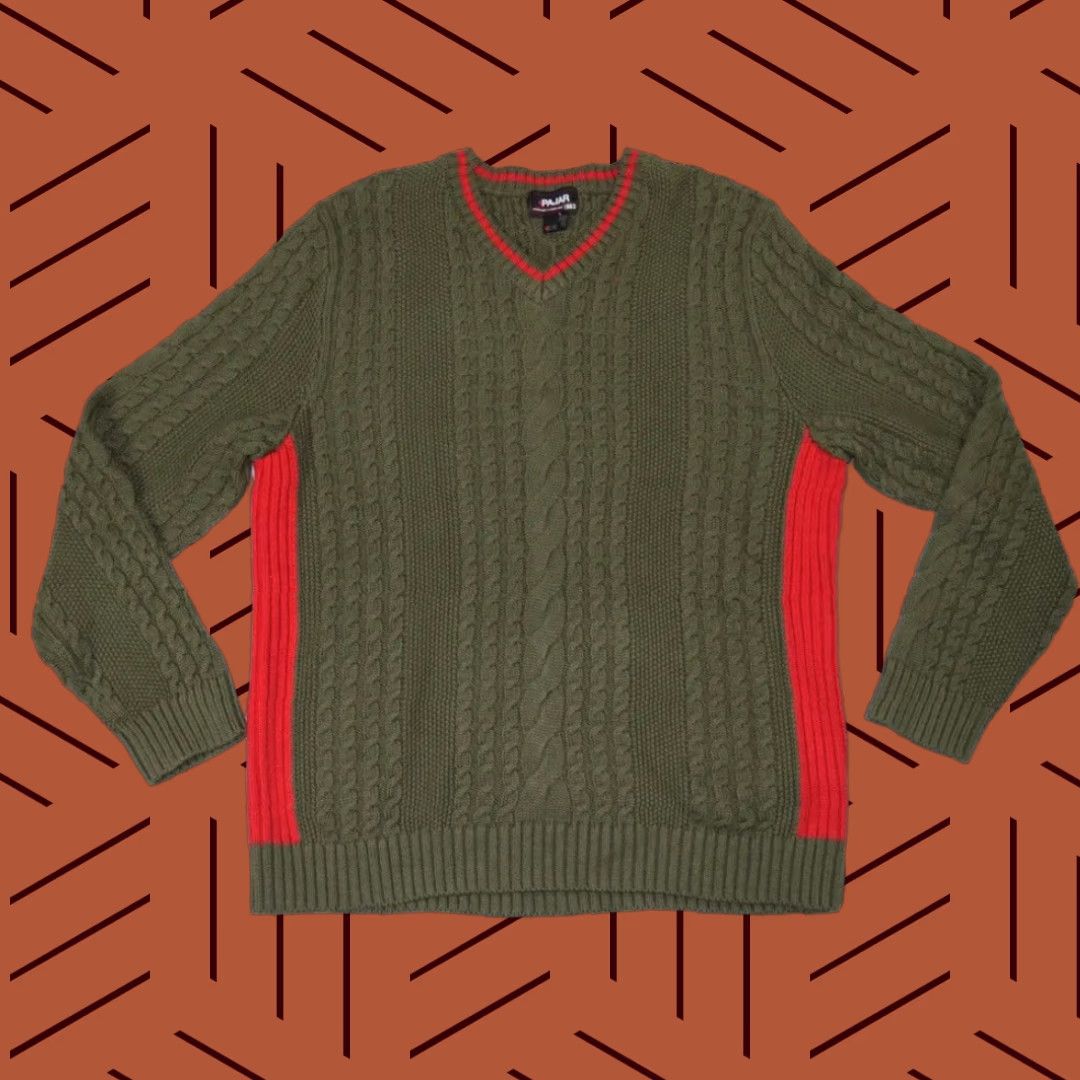Pajar PAJAR Army Green Cotton Knit Pullover Sweater Men's Large V-Neck Fisherman Style Size US L / EU 52-54 / 3 - 1 Thumbnail