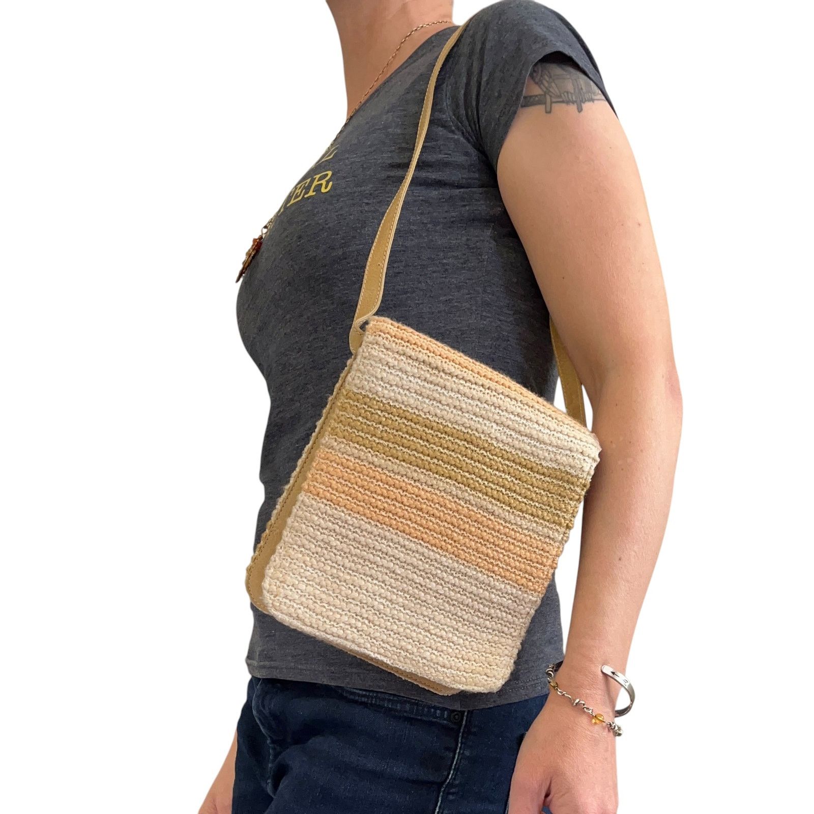 Missoni × Vintage Missoni Vintage Neutral Striped Knit Leather Flap Belt Bag Size ONE SIZE - 10 Thumbnail