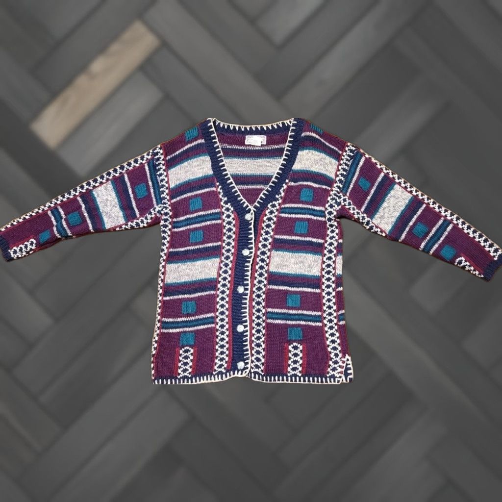 Vintage VINTAGE Gina Peters Knit Cardigan Sweater Women's S Small Geometric Southwest Purple 90s Designer Womens Cardigan Size S / US 4 / IT 40 - 1 Thumbnail