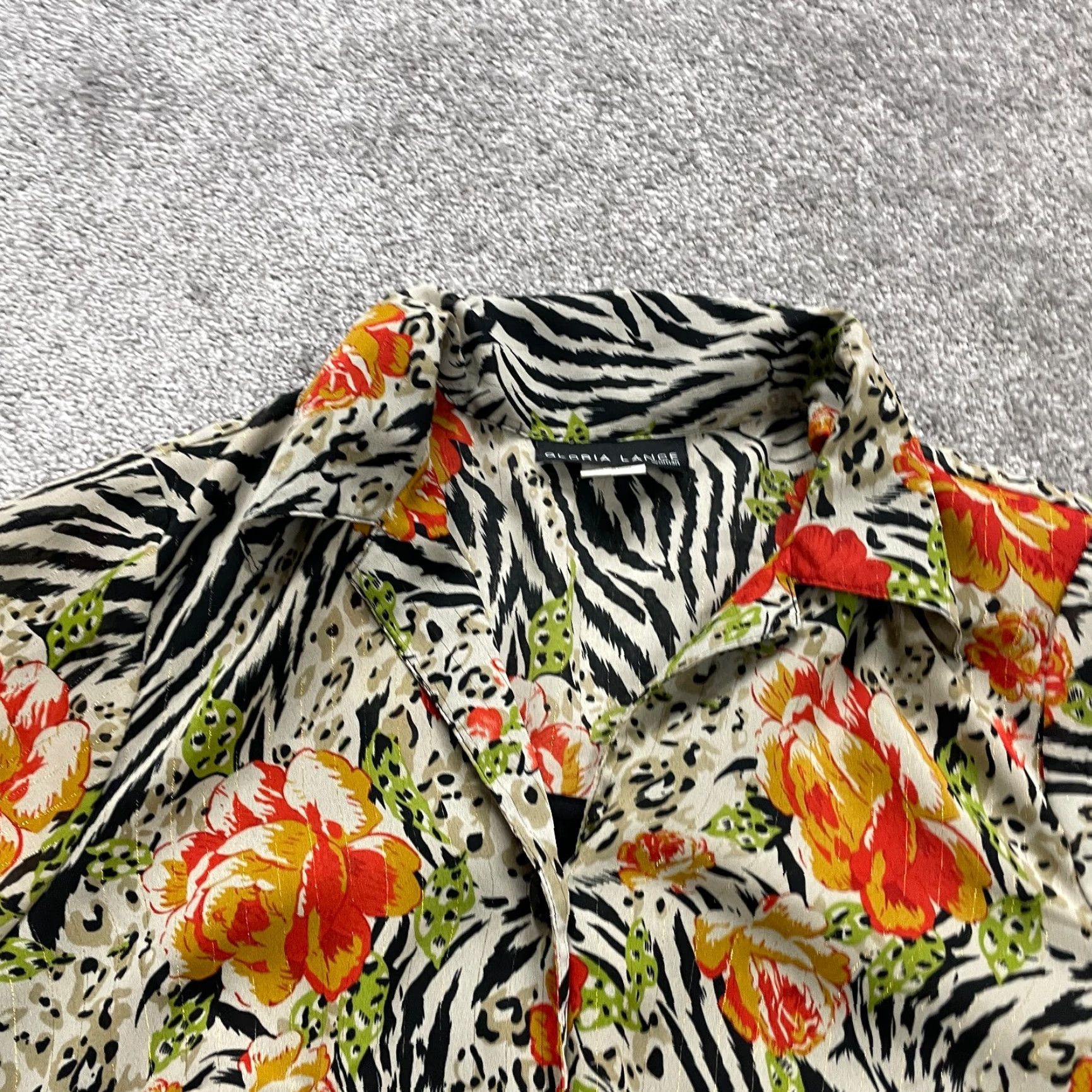Lancel Gloria Lance Button Up Shirt Women XL Multicolor Zebra Floral Padded Shoulders Knit Polyester Spandex Casual Floral Bohemian Hawaii Size XL / US 12-14 / IT 48-50 - 3 Thumbnail