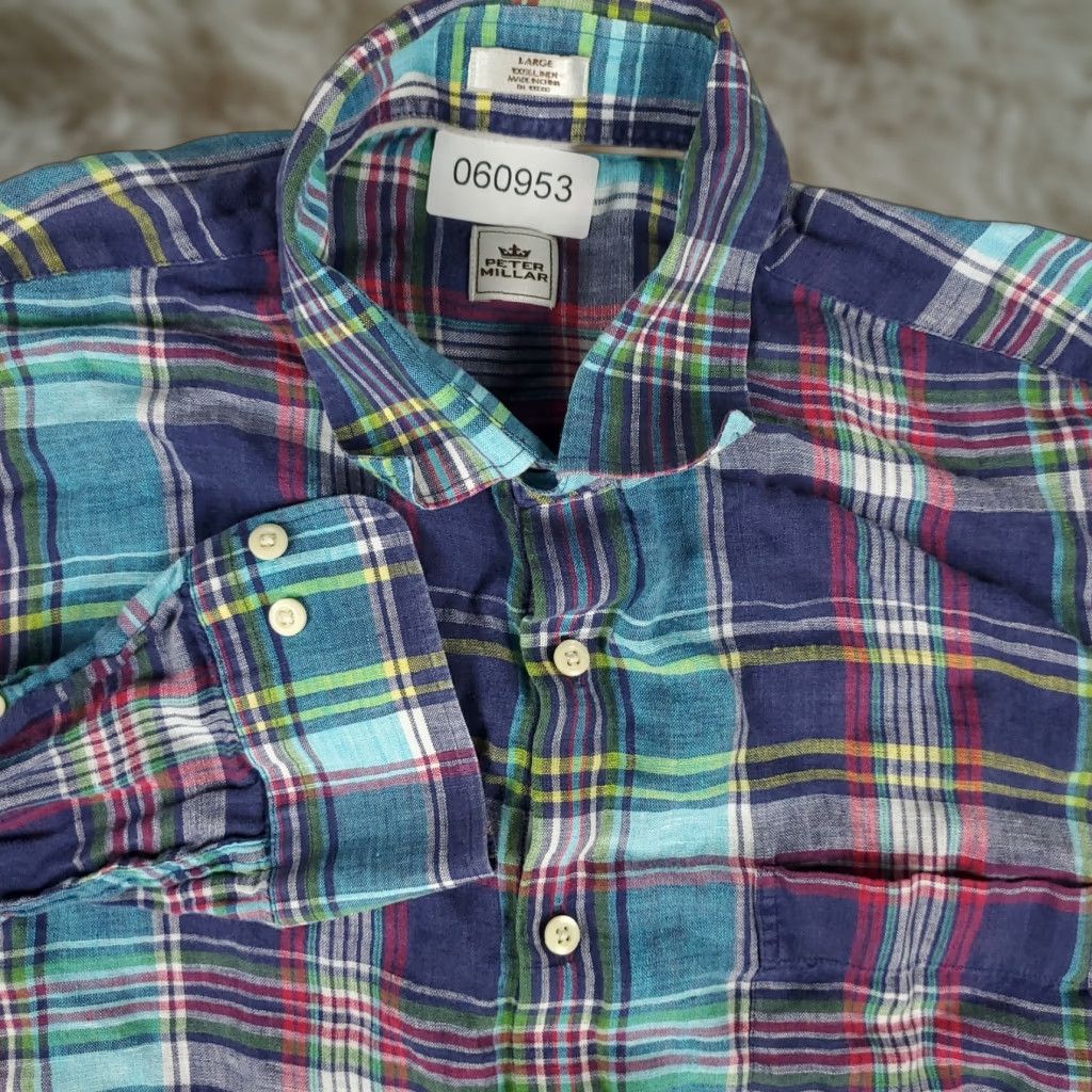 Peter Millar Peter Millar Shirt Mens Large Blue Plaid Linen Button-Up Long Sleeve Casual Dressy Button-Down Collar 3-Button Mens Size L Blue Plaid Linen Shirt Size US L / EU 52-54 / 3 - 1 Thumbnail
