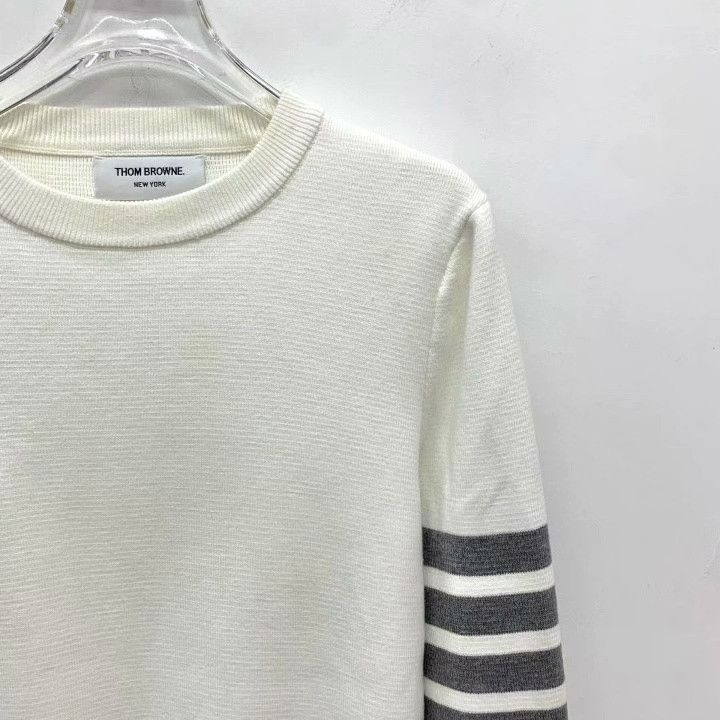 Thom Browne Thom Browne White Classic Four-Bar Cotton Sweater Size US L / EU 52-54 / 3 - 3 Thumbnail