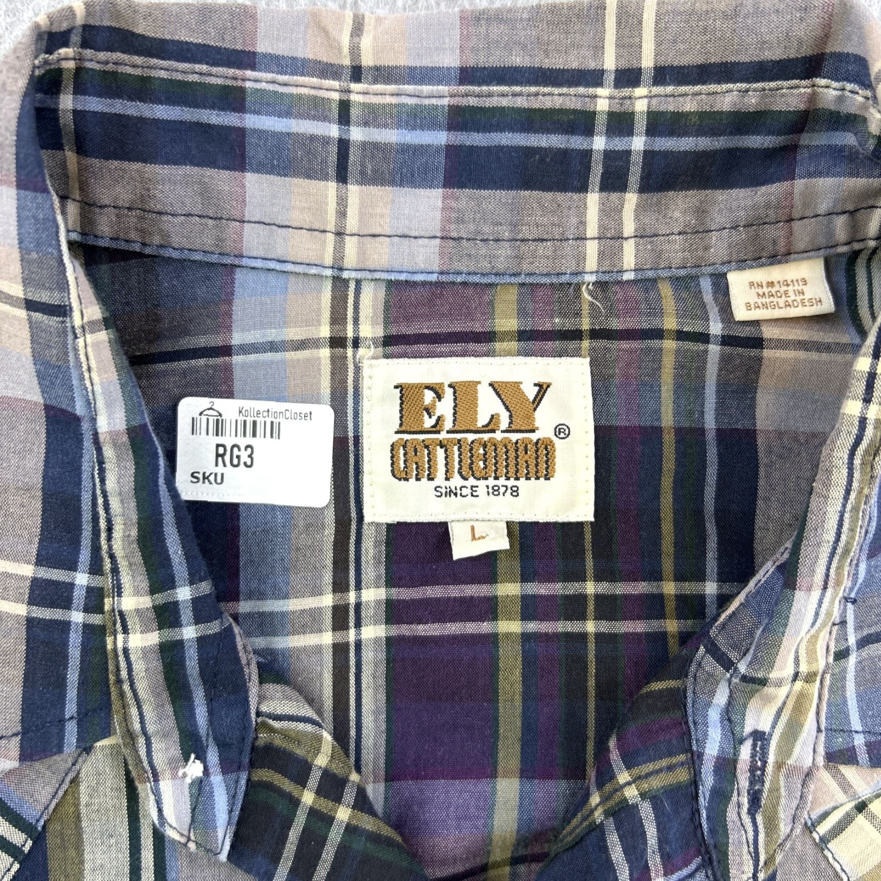 Vintage VINTAGE Ely Cattleman Shirt Mens L Blue Purple Plaid Short Sleeve Pearl Snap Adult Size US L / EU 52-54 / 3 - 5 Thumbnail