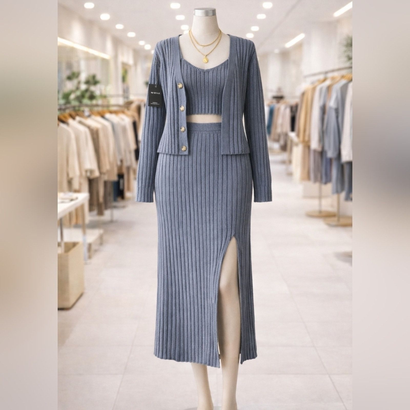 & Other Stories Ribbed Knit Set Cardigan Crop Top Maxi Skirt Slit Gray NWT Size M / US 6-8 / IT 42-44 - 2 Thumbnail