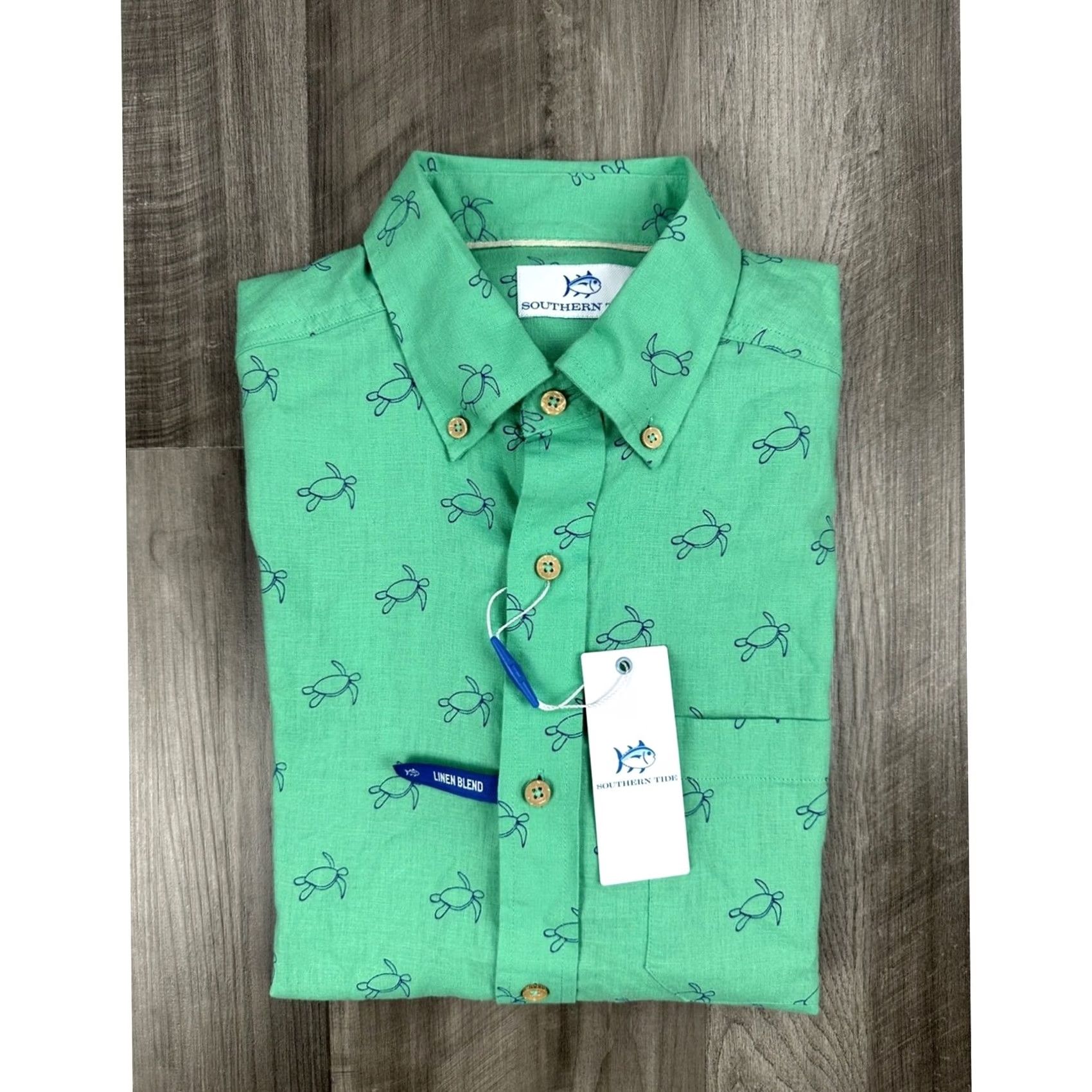 Southern Tide Southern Tide Linen Blend Turtle Cove Short Sleeve Sport Button Down Shirt S Mens Small Jade Green Size US 29 - 2 Thumbnail