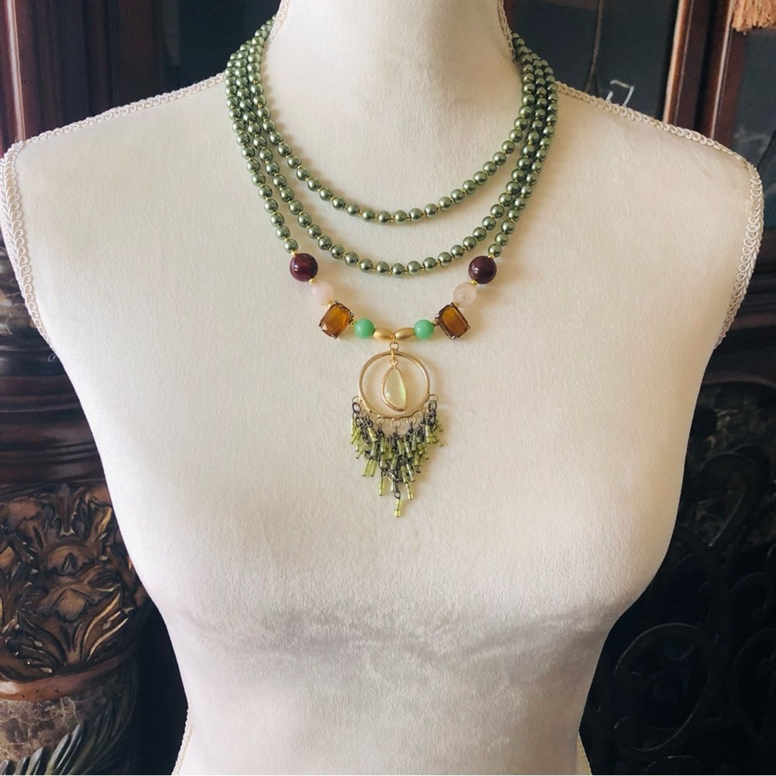 Handmade Handcrafted repurpose opal fringe Czech glass Pearl necklace Size ONE SIZE - 7 Thumbnail
