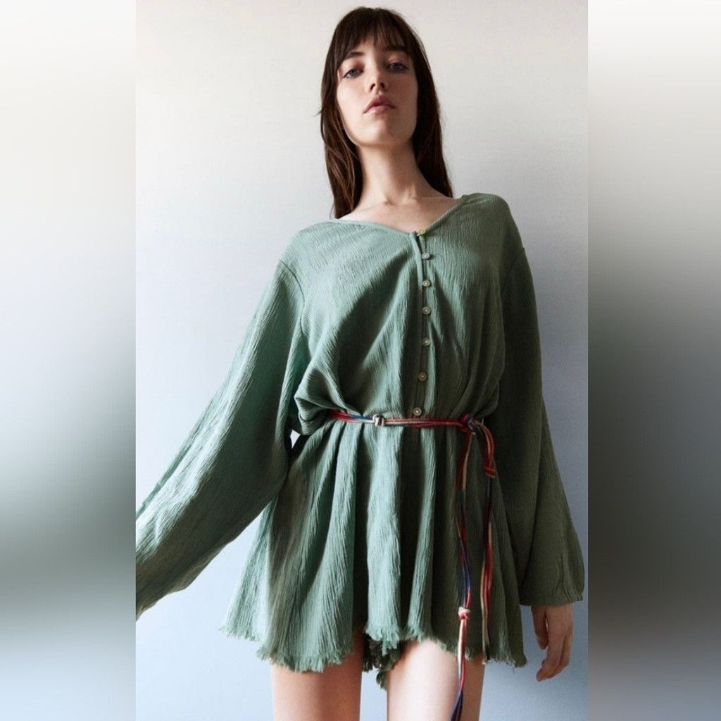 Zara NWT Zara 'Mumbai Jumpsuit' Sage Green Raw Hem Romper & Belt Size 25" / US 0 / IT 36 - 4 Thumbnail