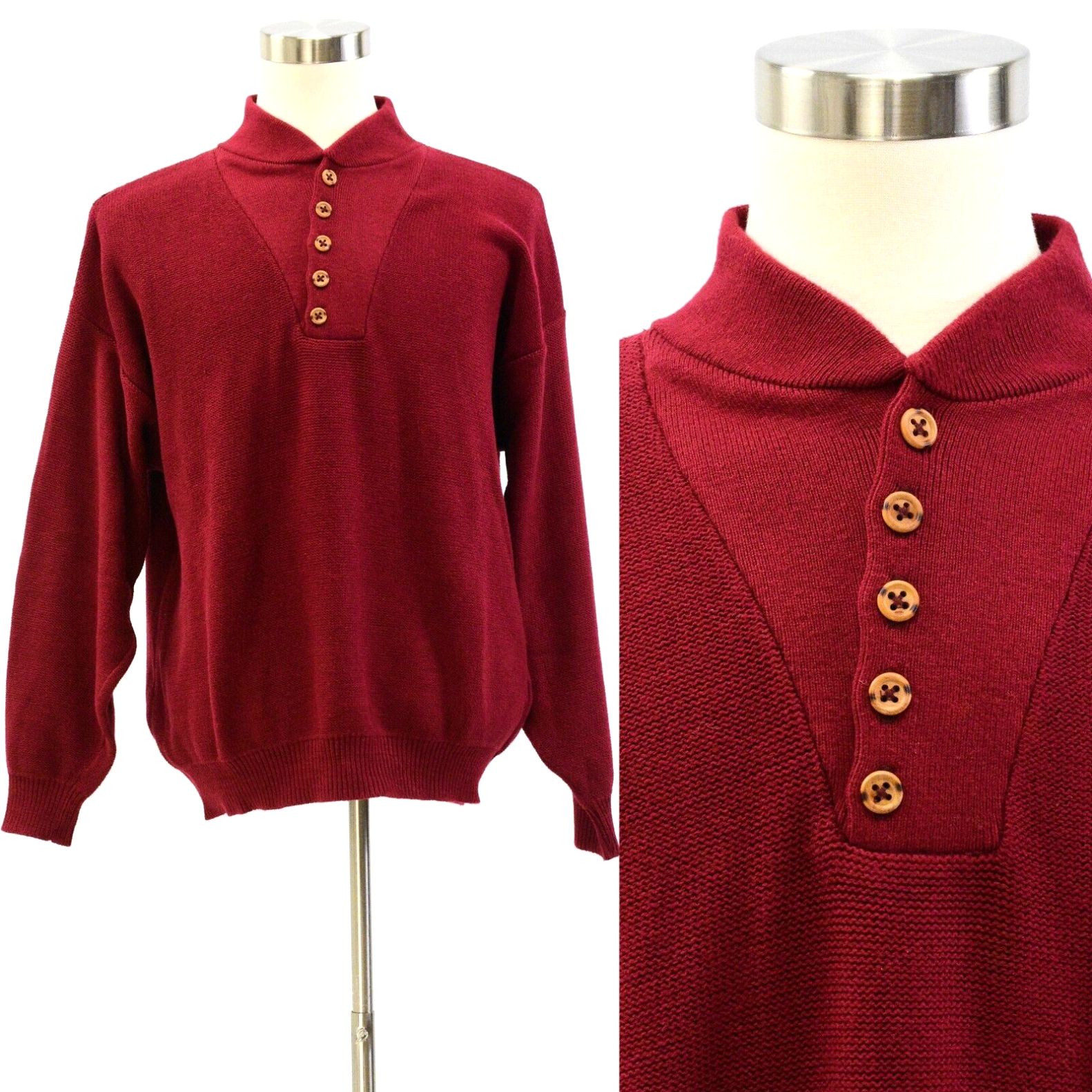 Vintage 90s Vintage Mens L Brick Red Lands' End Henley Sweater Knit Cotton Relaxed Fit Size US L / EU 52-54 / 3 - 1 Preview