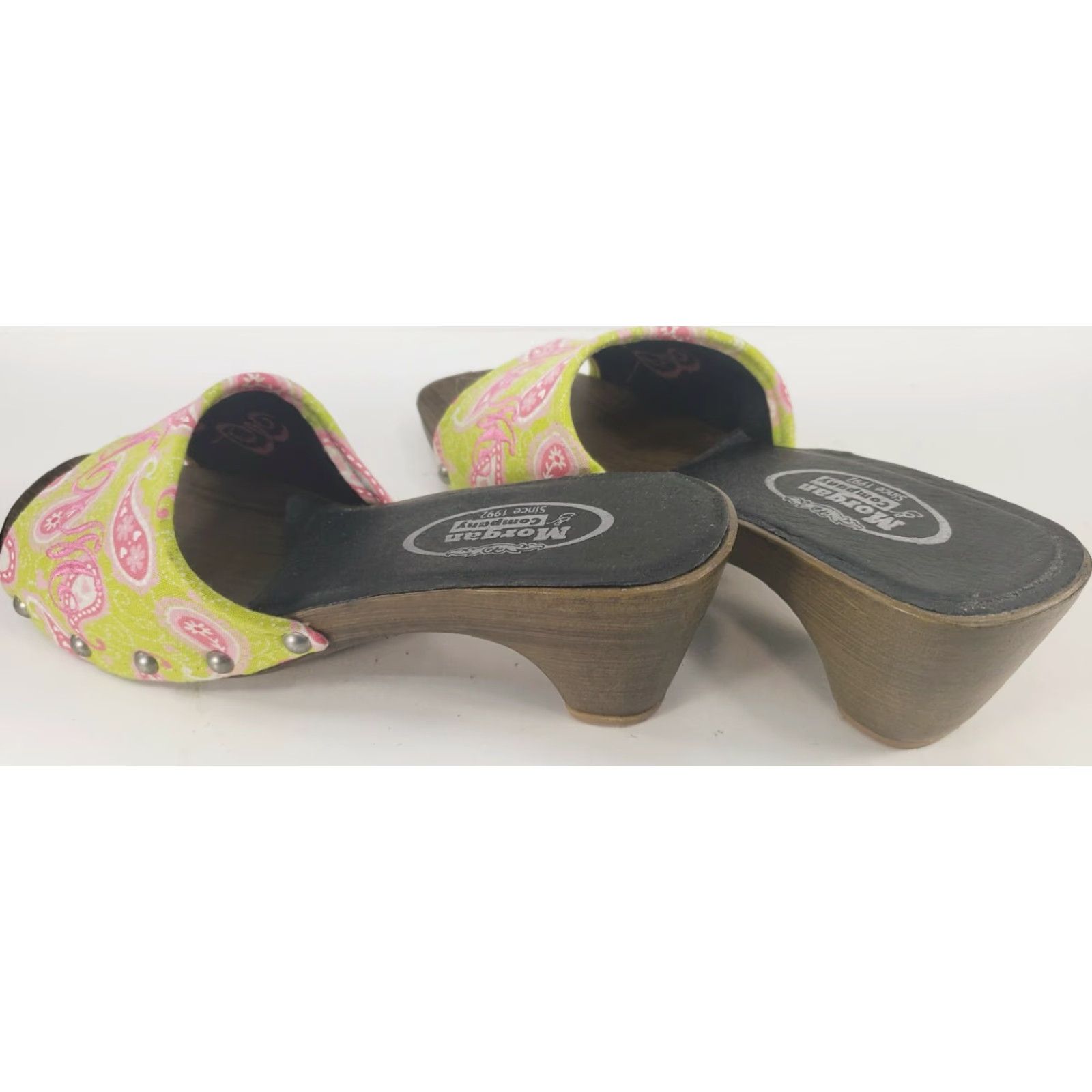 Vintage Morgan & Company Pink Chartreuse Paisley Women’s Sandal Slide Kitten Heel 8M Size US 8 / IT 38 - 5 Thumbnail