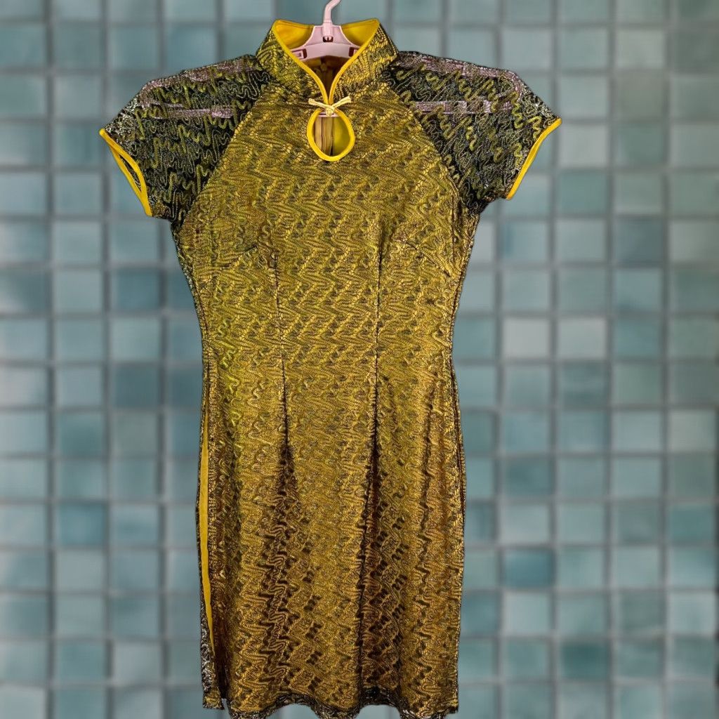 Vintage Brocade Silk Midi Dress XL Yellow Cap Sleeve Mock Neck A-Line Embroidered Flower Womens Size 40" / US 18 - 1 Thumbnail